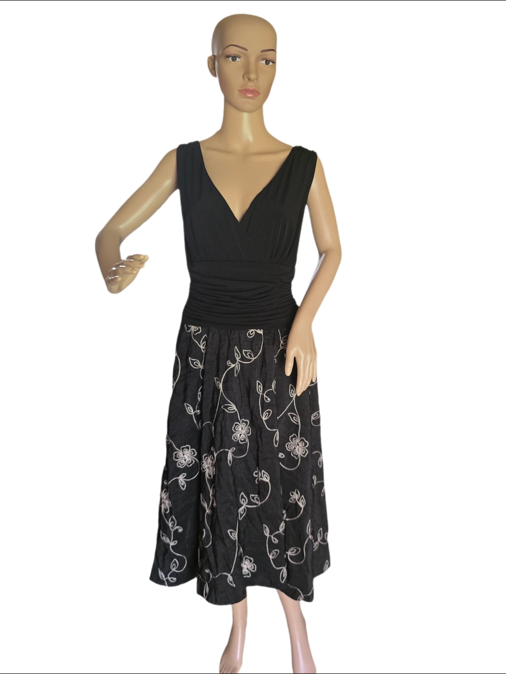 Dress Barn Black V-Neck Embroidered Midi Dress